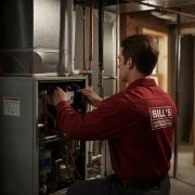 Bill's technician repairing a furnace in a basement.