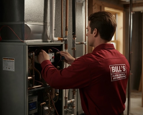 Bill's technician repairing a furnace in a basement.